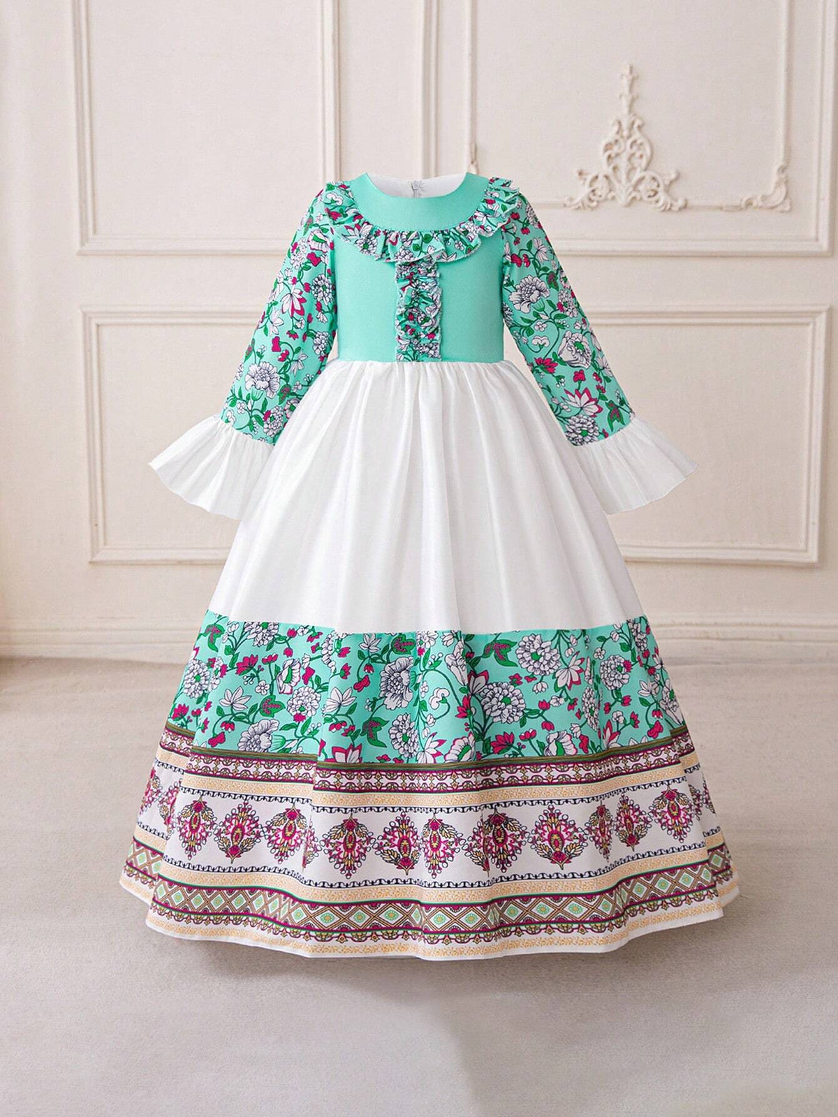 3-10Y Girls Long Sleeve Contrast Color Floral Print Satin Party Princess Dress, Random Floral Pattern