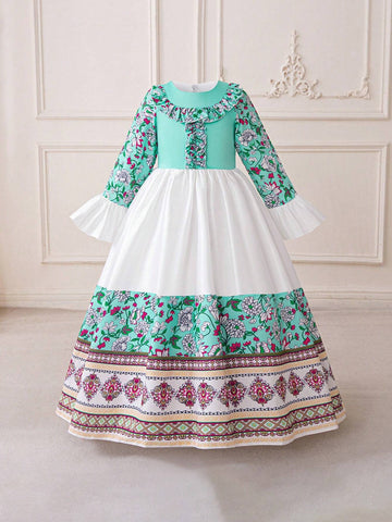 3-10Y Girls Long Sleeve Contrast Color Floral Print Satin Party Princess Dress, Random Floral Pattern