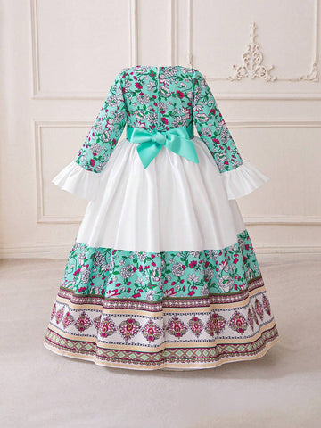 3-10Y Girls Long Sleeve Contrast Color Floral Print Satin Party Princess Dress, Random Floral Pattern