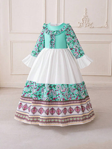 3-10Y Girls Long Sleeve Contrast Color Floral Print Satin Party Princess Dress, Random Floral Pattern