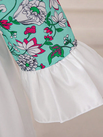 3-10Y Girls Long Sleeve Contrast Color Floral Print Satin Party Princess Dress, Random Floral Pattern