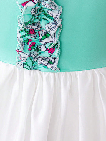 3-10Y Girls Long Sleeve Contrast Color Floral Print Satin Party Princess Dress, Random Floral Pattern