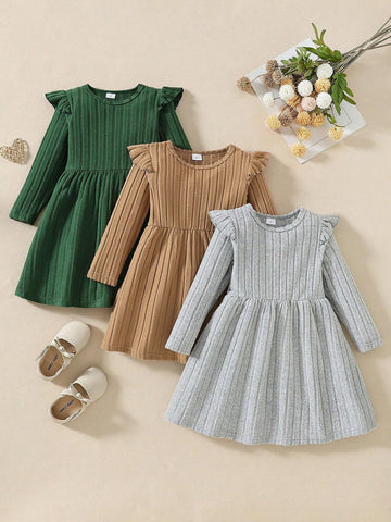 3-Pcs Young Girl Knitted Crew Neck Long Sleeve Patchwork Ruffle Hem Cute Dress Set