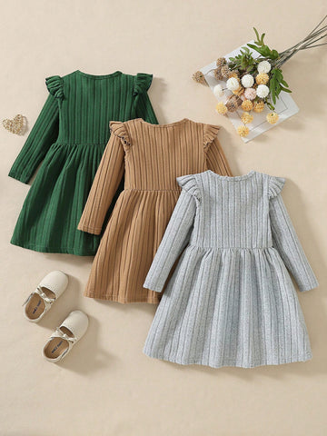 3-Pcs Young Girl Knitted Crew Neck Long Sleeve Patchwork Ruffle Hem Cute Dress Set
