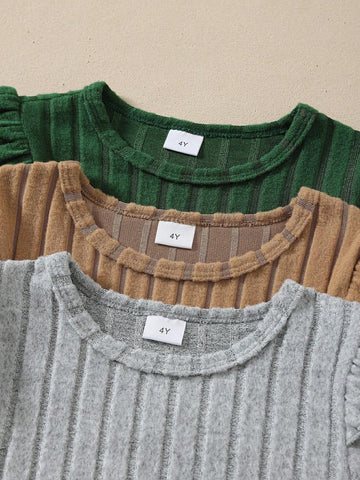 3-Pcs Young Girl Knitted Crew Neck Long Sleeve Patchwork Ruffle Hem Cute Dress Set