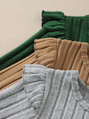 3-Pcs Young Girl Knitted Crew Neck Long Sleeve Patchwork Ruffle Hem Cute Dress Set