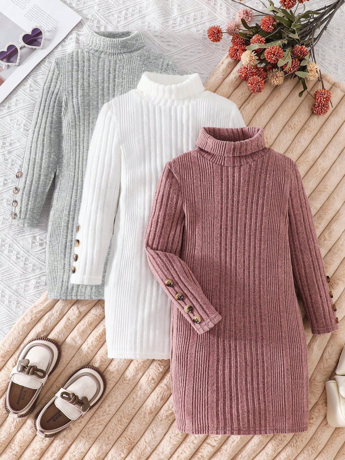 3-Piece Set: Young Girl Knitted Solid Stand Collar Bodycon Casual Dress