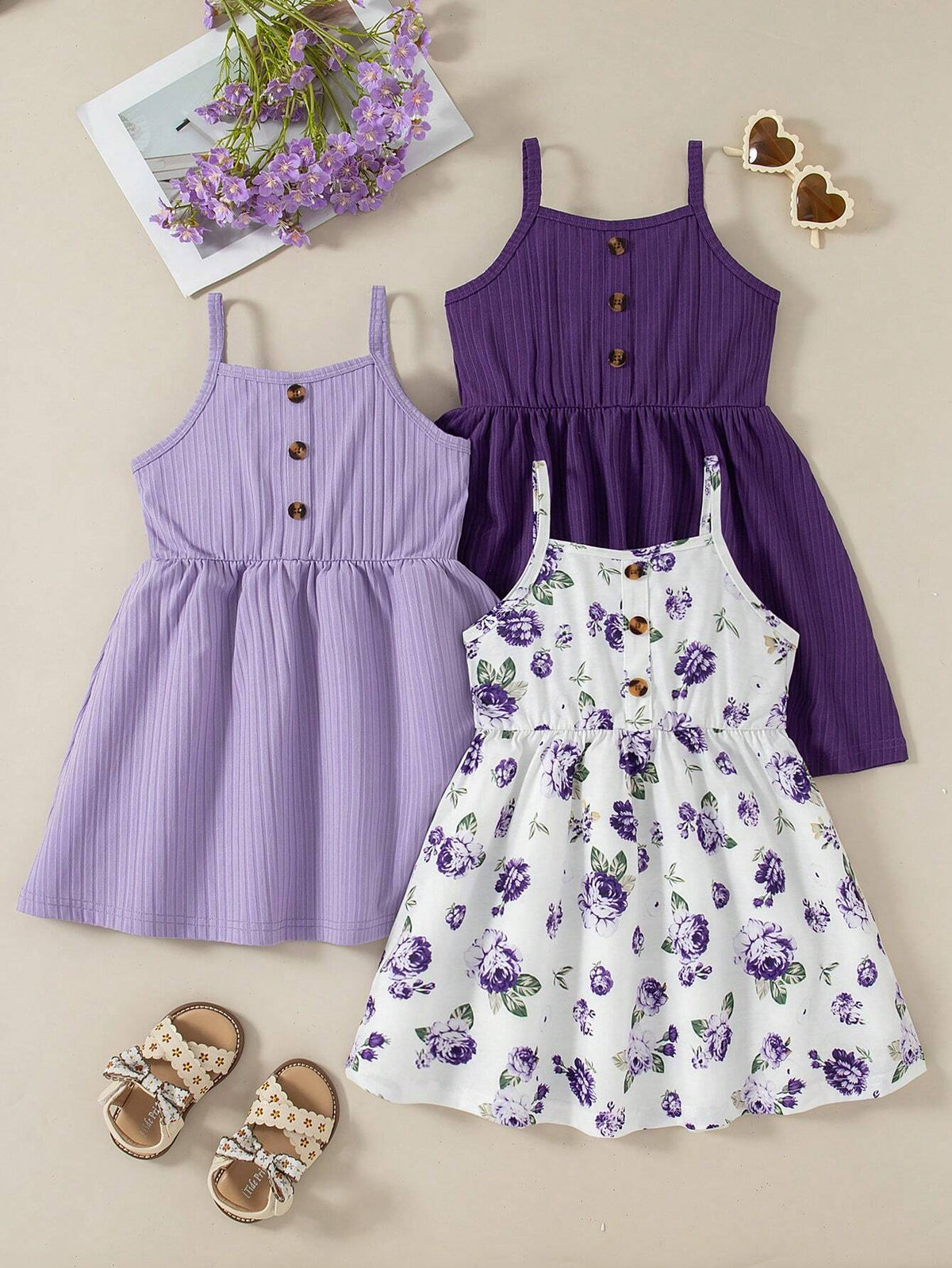 3-Piece Sets Young Girls Fashionable Floral Print & Solid Color Buttoned Casual Cami Dress