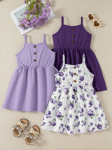 3-Piece Sets Young Girls Fashionable Floral Print & Solid Color Buttoned Casual Cami Dress