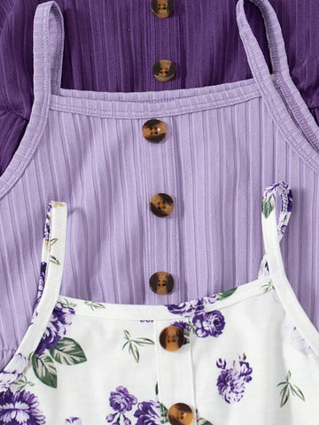 3-Piece Sets Young Girls Fashionable Floral Print & Solid Color Buttoned Casual Cami Dress