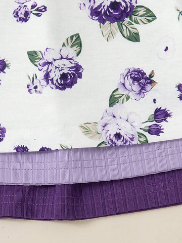 3-Piece Sets Young Girls Fashionable Floral Print & Solid Color Buttoned Casual Cami Dress