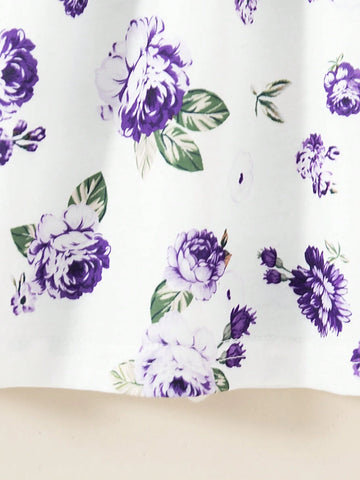 3-Piece Sets Young Girls Fashionable Floral Print & Solid Color Buttoned Casual Cami Dress