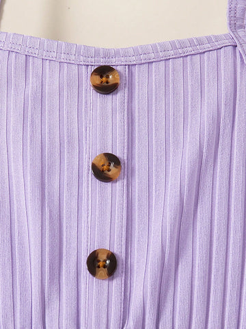 3-Piece Sets Young Girls Fashionable Floral Print & Solid Color Buttoned Casual Cami Dress