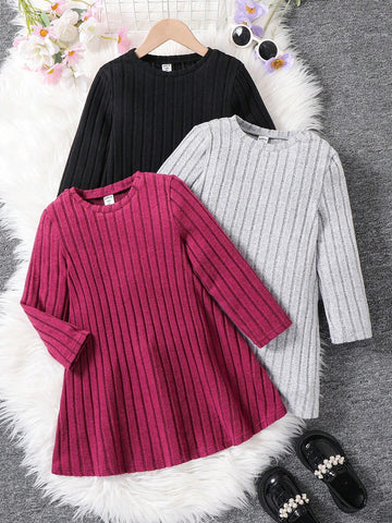 3-Piece Solid Knit Bodycon Casual Dress Set For Young Girls