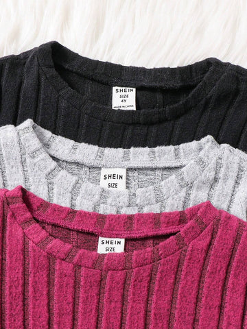 3-Piece Solid Knit Bodycon Casual Dress Set For Young Girls