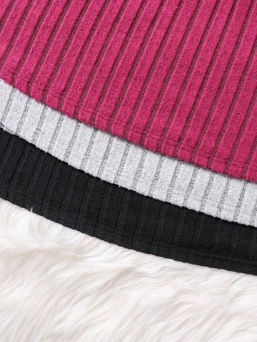 3-Piece Solid Knit Bodycon Casual Dress Set For Young Girls