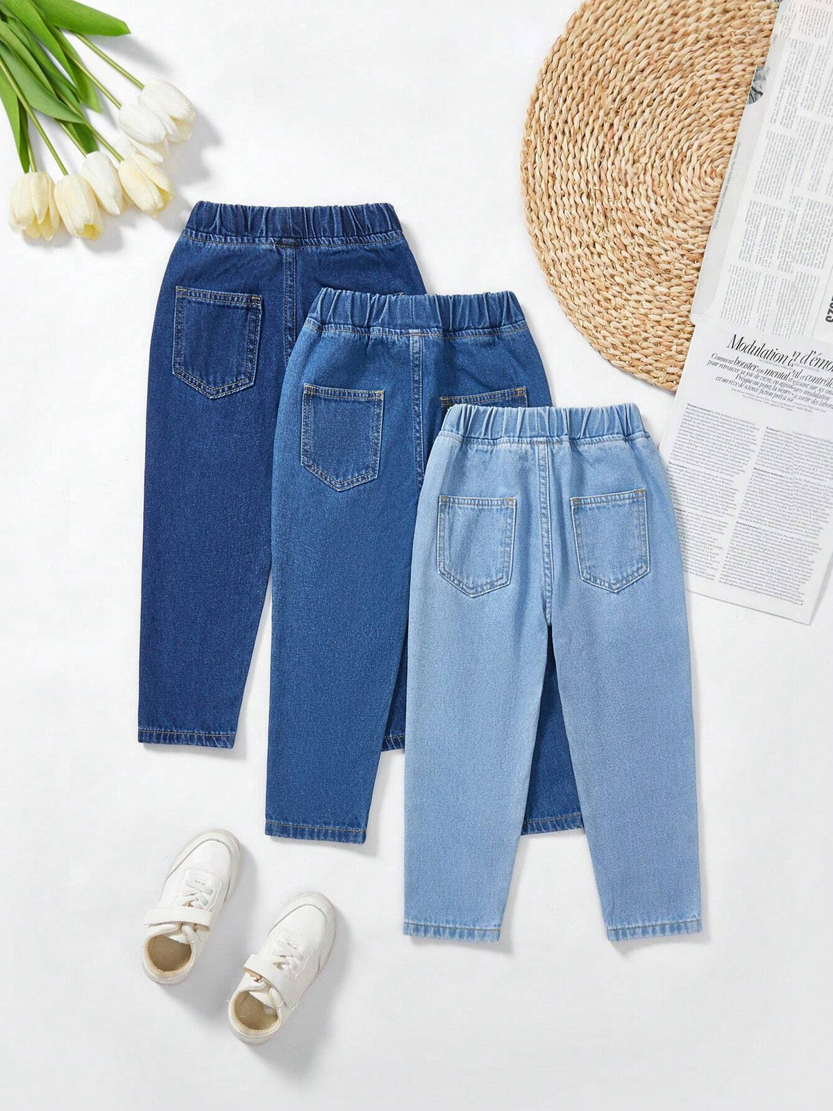 3-Piece Young Girl' Non-Stretch Denim Long Pants Set