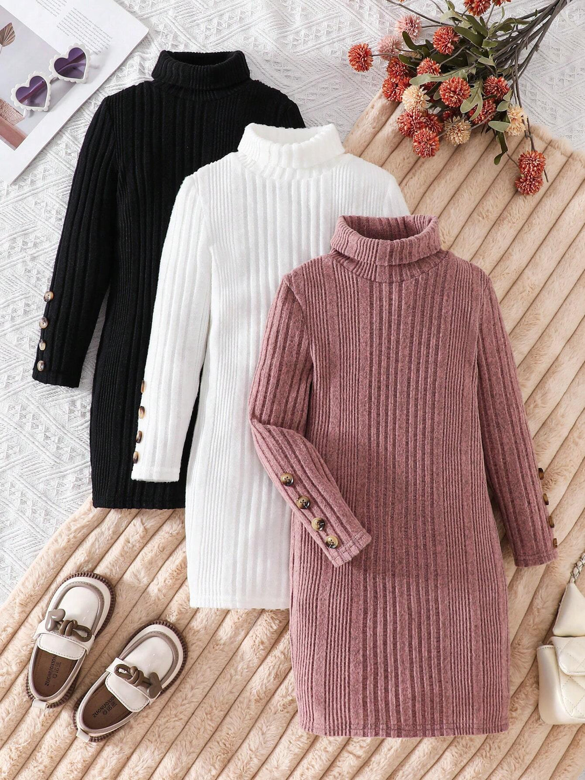 3-Piece Young Girls Knit Solid Collarless Fitted Casual Dress Set