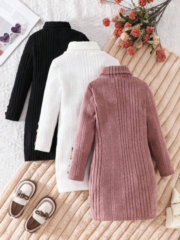 3-Piece Young Girls Knit Solid Collarless Fitted Casual Dress Set