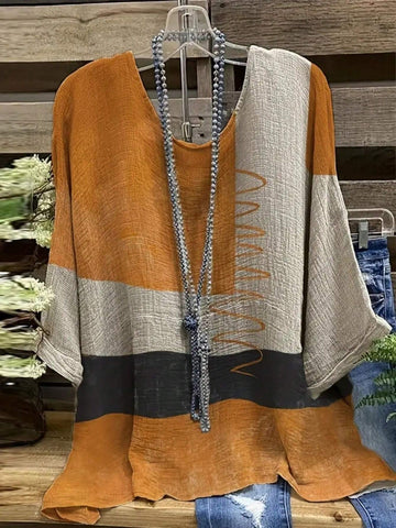 3/4 Color Block Patchwork Holiday Casual Chiffon Blouse