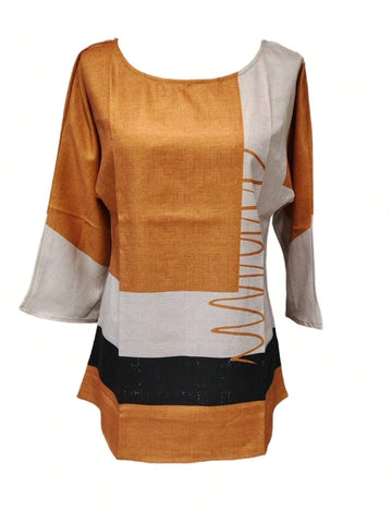3/4 Color Block Patchwork Holiday Casual Chiffon Blouse