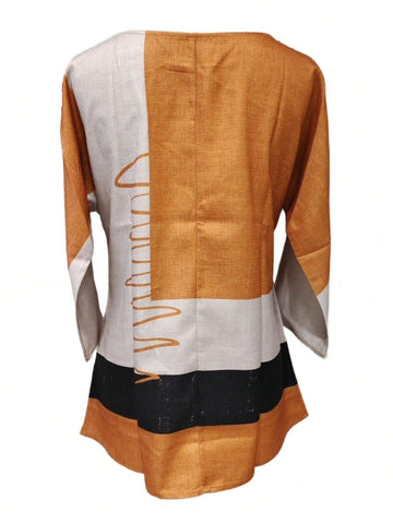 3/4 Color Block Patchwork Holiday Casual Chiffon Blouse