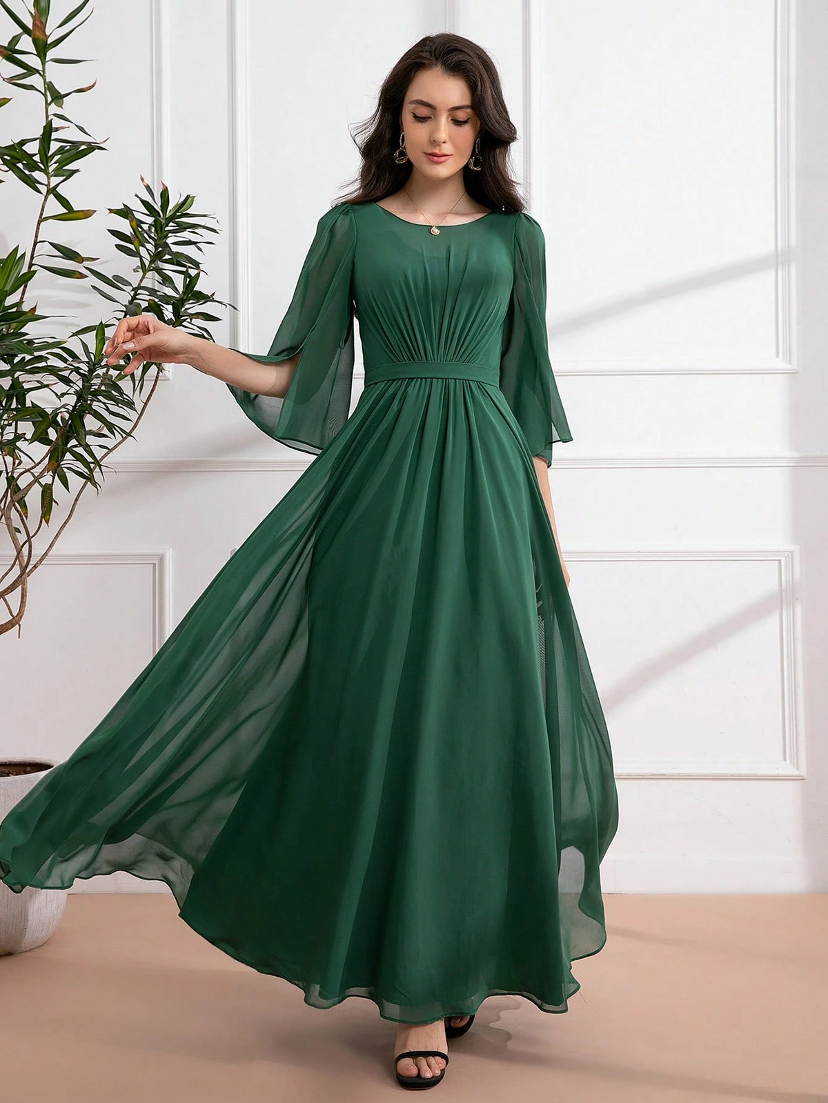 3/4 Sleeve Chiffon Pleated Maxi Dress