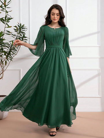 3/4 Sleeve Chiffon Pleated Maxi Dress