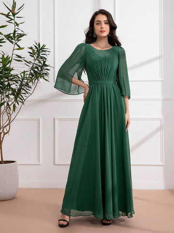 3/4 Sleeve Chiffon Pleated Maxi Dress
