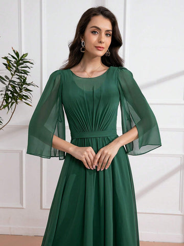 3/4 Sleeve Chiffon Pleated Maxi Dress