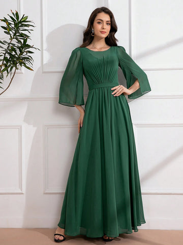 3/4 Sleeve Chiffon Pleated Maxi Dress