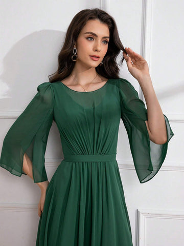 3/4 Sleeve Chiffon Pleated Maxi Dress