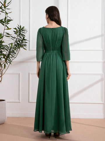 3/4 Sleeve Chiffon Pleated Maxi Dress