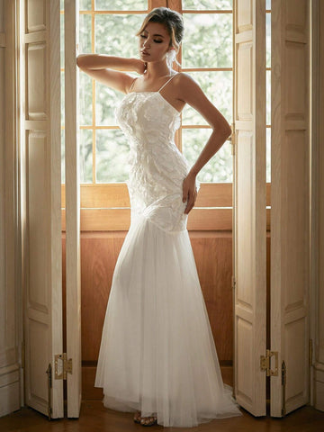 3D Embroidered Patchwork Mesh Mermaid Hem Cami Wedding Dress