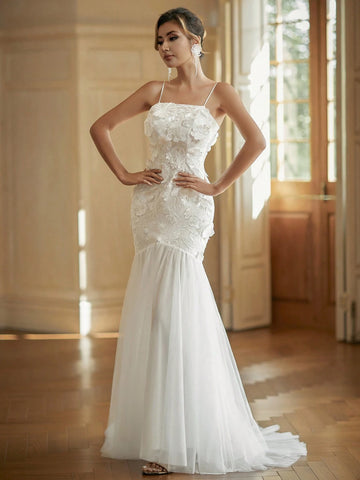 3D Embroidered Patchwork Mesh Mermaid Hem Cami Wedding Dress