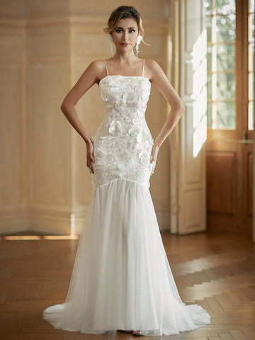 3D Embroidered Patchwork Mesh Mermaid Hem Cami Wedding Dress