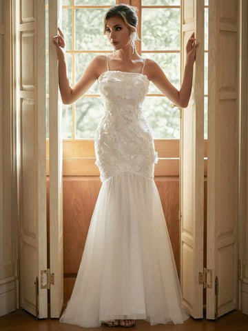 3D Embroidered Patchwork Mesh Mermaid Hem Cami Wedding Dress