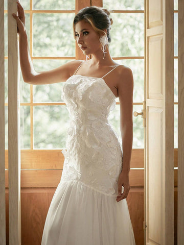 3D Embroidered Patchwork Mesh Mermaid Hem Cami Wedding Dress