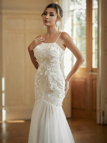 3D Embroidered Patchwork Mesh Mermaid Hem Cami Wedding Dress