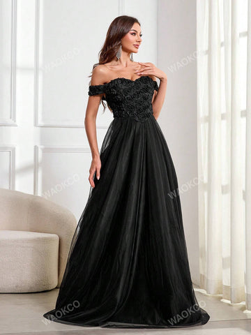 3D Floral Contrast Mesh Backless Tie-Up Strapless Maxi Evening Dress