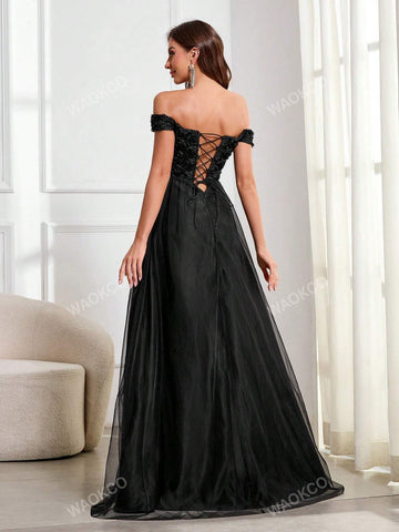 3D Floral Contrast Mesh Backless Tie-Up Strapless Maxi Evening Dress