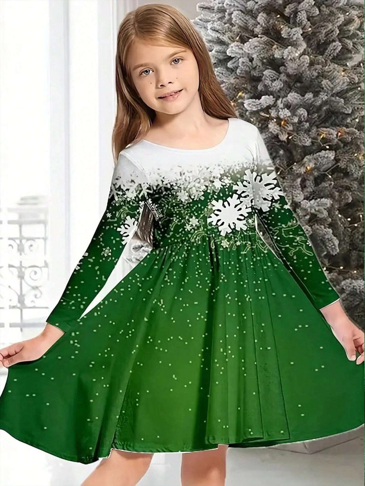 3D Print Snowflake Graphic Long Sleeve Dress Young Girl Clothes For Girls Christmas Party