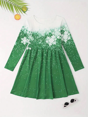 3D Print Snowflake Graphic Long Sleeve Dress Young Girl Clothes For Girls Christmas Party