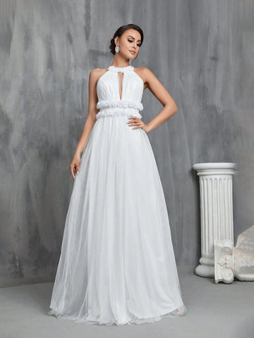 3D Rosette Halterneck Tied Backless Mesh Wedding Dress