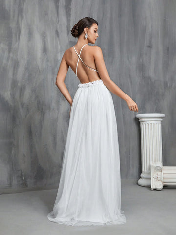3D Rosette Halterneck Tied Backless Mesh Wedding Dress