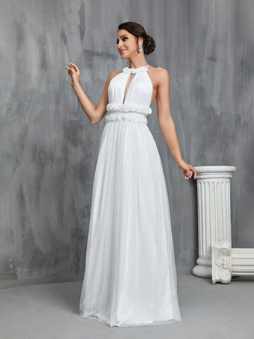 3D Rosette Halterneck Tied Backless Mesh Wedding Dress