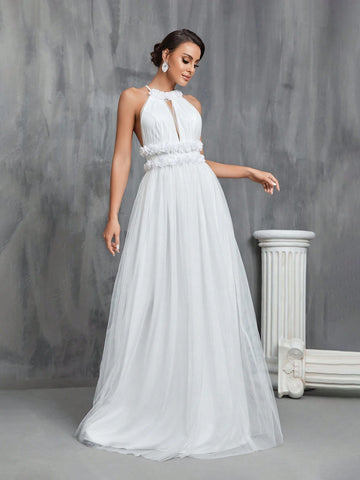 3D Rosette Halterneck Tied Backless Mesh Wedding Dress