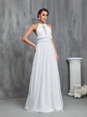 3D Rosette Halterneck Tied Backless Mesh Wedding Dress