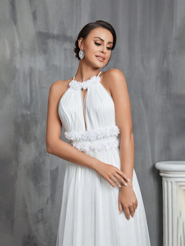 3D Rosette Halterneck Tied Backless Mesh Wedding Dress