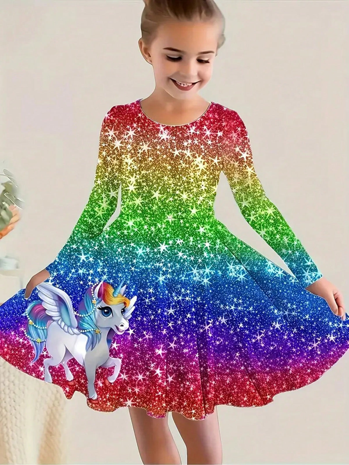 3D Unicorn Print Long Sleeve Casual Dress, Comfortable Sportswear Gift, Spring/Autumn